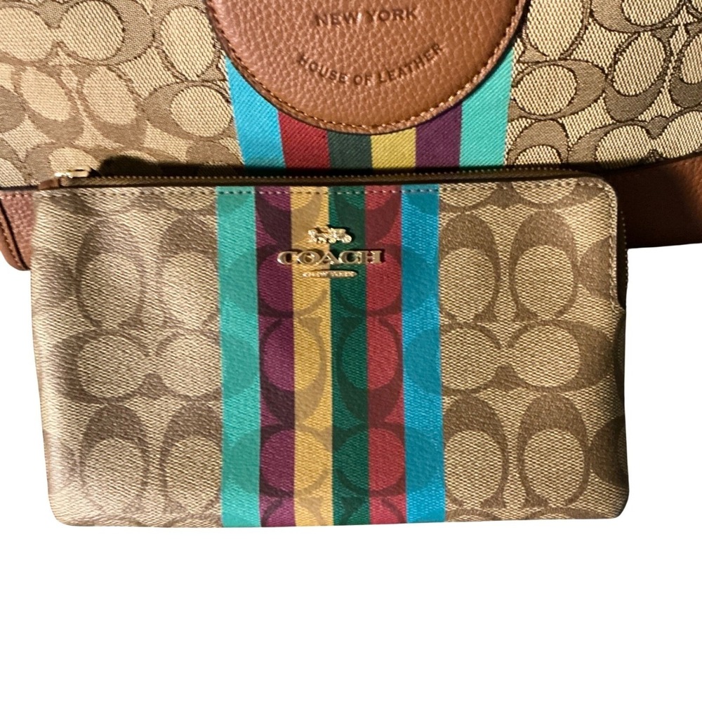 Coach Dempsey Tote 22 Signature Canvas Varsity Stripe Patch C5794 Brown Multi - Picture 8 of 13